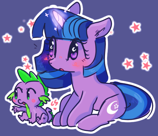 Size: 513x441 | Tagged: safe, artist:cutiesparke, derpibooru import, spike, twilight sparkle, dragon, pony, alternate cutie mark, baby, baby dragon, baby spike, blushing, crescent moon, cute, dark background, female, filly, filly twilight sparkle, foal, glow, glowing horn, horn, image, looking sideways, male, moon, outline, png, simple background, spikabetes, stars, twiabetes, wingding eyes, younger