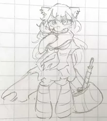 Size: 1434x1627 | Tagged: safe, artist:metaruscarlet, derpibooru import, oc, oc:anime-chan, unofficial characters only, pony, bag, clothes, ear piercing, earring, graph paper, image, jewelry, jpeg, knife, piercing, school uniform, sketch, solo, standing, traditional art