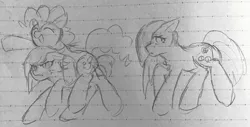 Size: 2112x1070 | Tagged: safe, artist:metaruscarlet, derpibooru import, limestone pie, marble pie, pinkie pie, angry, image, lined paper, open mouth, png, riding, shy, sketch, smiling, traditional art, trio, walking