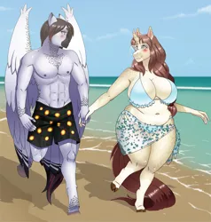 Size: 2383x2500 | Tagged: suggestive, artist:chacrawarrior, derpibooru import, oc, oc:céline actias, oc:pyry, unofficial characters only, anthro, pegasus, pony, unguligrade anthro, unicorn, abs, anthro oc, beach, big breasts, bikini, blushing, breasts, chubby, clothes, cloven hooves, commission, couple, curved horn, female, freckles, gift art, glasses, holding hands, horn, image, looking at each other, looking at someone, male, mare, oc x oc, pegasus oc, png, running, sand, shipping, smiling, stallion, swimming trunks, swimsuit, unicorn oc, water, wings