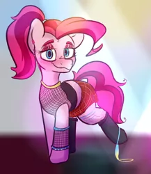 Size: 2600x3000 | Tagged: suggestive, artist:newpone, derpibooru import, pinkie pie, pony, alternate hairstyle, blushing, clothes, fishnets, image, jewelry, looking at you, panties, panties around legs, plaid skirt, png, raised leg, ravegoth, skirt, solo, underwear