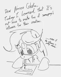 Size: 536x674 | Tagged: safe, artist:dotkwa, derpibooru import, oc, oc:deary dots, unofficial characters only, earth pony, pony, dear princess celestia, female, gray background, grayscale, image, mare, monochrome, mouth hold, pencil drawing, png, simple background, sketch, solo, traditional art