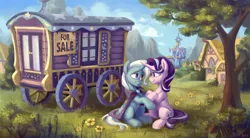 Size: 2560x1410 | Tagged: safe, artist:jewellier, derpibooru import, starlight glimmer, trixie, pony, unicorn, cape, clothes, duo, female, flower, grass, horn, horns are touching, image, implied lesbian, implied shipping, implied startrix, lesbian, looking at each other, looking at someone, mare, outdoors, png, ponyville, shipping, sign, sitting, startrix, tree, trixie's cape, trixie's wagon, twilight's castle, wagon
