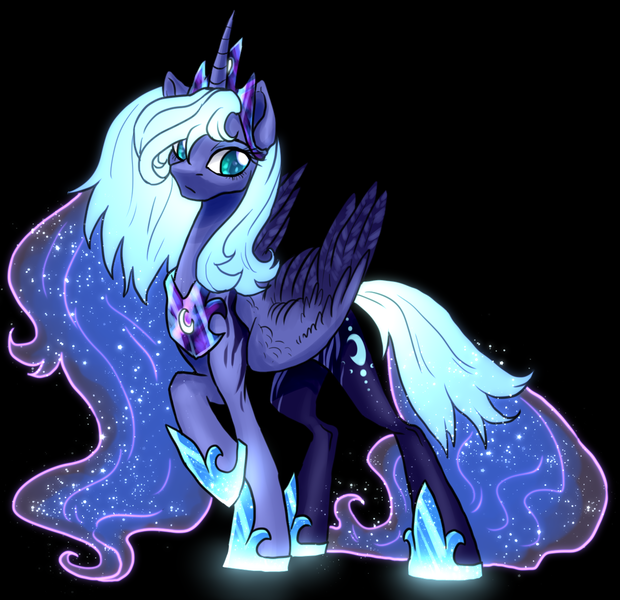 Size: 1254x1214 | Tagged: safe, artist:not-ordinary-pony, derpibooru import, princess luna, alicorn, pony, black background, derpibooru exclusive, ethereal mane, female, glowing mane, image, mare, png, redesign, s1 luna, sad, simple background, solo