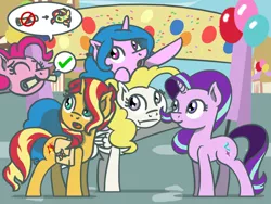 Size: 1800x1350 | Tagged: safe, artist:flutterluv, derpibooru import, part of a set, izzy moonbow, pinkie pie, starlight glimmer, sunset shimmer, surprise, earth pony, pegasus, pony, unicorn, :t, atg 2022, bag, balloon, g1, g5, image, jpeg, newbie artist training grounds, part of a series, ponyville, saddle bag, scroll, speech bubble
