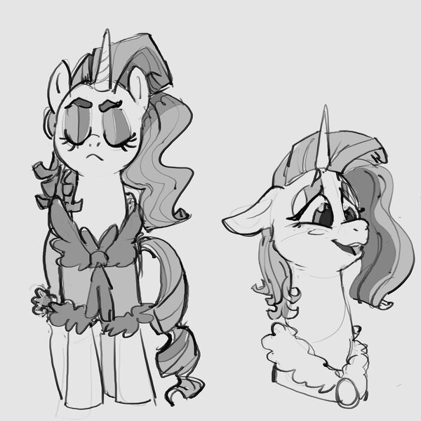 Size: 2067x2067 | Tagged: safe, artist:alumx, derpibooru import, rarity, pony, unicorn, bathrobe, bed mane, bust, clothes, eyes closed, eyeshadow, frown, gray background, grayscale, image, jpeg, makeup, monochrome, open mouth, open smile, robe, simple background, smiling, solo