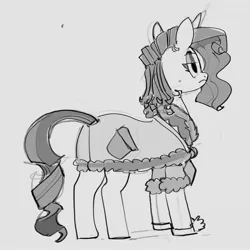 Size: 1816x1816 | Tagged: safe, artist:alumx, derpibooru import, rarity, pony, unicorn, bathrobe, bed mane, butt, clothes, female, frown, gray background, grayscale, image, jpeg, lidded eyes, mare, monochrome, plot, rearity, robe, simple background, slippers, solo