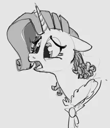 Size: 1429x1663 | Tagged: safe, artist:alumx, derpibooru import, rarity, pony, unicorn, bathrobe, bed mane, bust, clothes, floppy ears, frown, gray background, grayscale, image, jpeg, lidded eyes, monochrome, open mouth, robe, simple background, solo