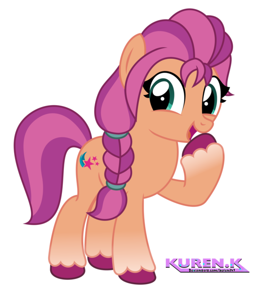 Size: 1900x2157 | Tagged: safe, artist:kuren247, derpibooru import, sunny starscout, earth pony, pony, my little pony: a new generation, braid, cute, female, full body, g4, g5, g5 to g4, generation leap, high res, hooves, image, looking at you, mare, open mouth, open smile, png, raised hoof, show accurate, signature, simple background, smiling, smiling at you, solo, standing, transparent background, unshorn fetlocks, vector