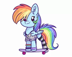 Size: 2348x1838 | Tagged: safe, artist:littleblackraencloud, derpibooru import, rainbow dash, pegasus, pony, bracelet, clothes, image, jewelry, jpeg, shirt, simple background, skateboard, socks, solo, striped socks, t-shirt, white background