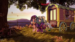 Size: 3840x2160 | Tagged: safe, artist:laylahorizonsfm, derpibooru import, starlight glimmer, trixie, bird, butterfly, insect, pony, unicorn, road to friendship, 3d, 4k, alternate hairstyle, babysitter trixie, choker, clothes, cute, duo, female, fence, flower, grass, high res, hoodie, image, looking at each other, looking at someone, mare, mountain, outdoors, playing card, png, smiling, smiling at each other, source filmmaker, tree, trixie's wagon, uhd, wagon, walking, wooden fence