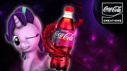 Size: 1920x1080 | Tagged: safe, artist:mlpstevepvb, derpibooru import, starlight glimmer, pony, unicorn, 16:9, 1920x1080, 3d, bottle, coca-cola, cute, glimmerbetes, grin, holding, image, logo, looking at you, namesake, one eye closed, planet, png, pun, smiling, smiling at you, soda bottle, solo, source filmmaker, space, space background, starlight coca-cola, visual pun, wink, winking at you