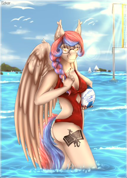 Size: 1000x1400 | Tagged: suggestive, artist:szkar, derpibooru import, oc, oc:dracey, anthro, pegasus, ass, beckoning, bedroom eyes, braid, butt, clothes, ear fluff, female, glasses, image, looking at you, one-piece swimsuit, png, solo, solo female, sports, sun, swimsuit, volleyball, volleyball net, water