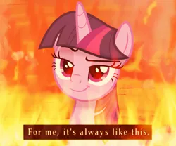 Size: 1232x1024 | Tagged: safe, artist:ramprover, derpibooru import, twilight sparkle, twilight sparkle (alicorn), alicorn, pony, bust, cute, evil grin, female, fire, grin, image, lidded eyes, looking sideways, mare, png, reaction image, silent hill, smiling, solo, some mares just want to watch the world burn, text, twiabetes, vector