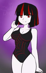 Size: 708x1129 | Tagged: suggestive, artist:thesilentdrawer, derpibooru import, oc, oc:raven moon, undead, vampire, equestria girls, beautiful, clothes, cute, cute little fangs, fangs, female, goth, goth girl, image, jpeg, one-piece swimsuit, red and black hair, red eyes, short hair, solo, solo female, swimsuit