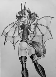 Size: 918x1267 | Tagged: suggestive, artist:tlen borowski, derpibooru import, oc, oc:altered karbon, anthro, bat pony, amputee, artificial wings, augmented, bat pony oc, bat wings, clothes, fangs, hoodie, horns, image, jpeg, looking at you, panties, ponytail, prosthetic limb, prosthetic wing, prosthetics, rear view, ripped stockings, socks, stockings, thigh highs, thighs, torn clothes, torn ear, traditional art, underwear, wings