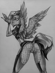 Size: 960x1280 | Tagged: suggestive, artist:tlen borowski, derpibooru import, oc, unofficial characters only, pegasus, butt, clothes, gloves, image, jpeg, looking at you, pants, raised tail, rear view, spread wings, tail, traditional art, wings, yoga pants