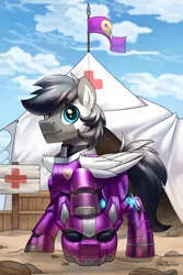 Size: 2000x3000 | Tagged: safe, artist:jedayskayvoker, derpibooru import, oc, oc:cloudy days, pegasus, pony, armor, cloud, cloudy, commission, detailed background, dirt, flag, folded wings, helmet, heterochromia, image, looking at you, male, medic, pegasus oc, png, power armor, shiny, smiling, solo, stallion, wings