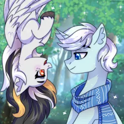 Size: 2500x2500 | Tagged: safe, artist:leah minik, derpibooru import, oc, oc:storm cloud river's, unofficial characters only, pegasus, pony, unicorn, blue eyes, bust, chest fluff, clothes, female, folded wings, grass, hanging, hanging upside down, horn, image, looking at each other, looking at someone, male, mare, multicolored mane, open mouth, open smile, pegasus oc, png, scarf, sitting, smiling, smiling at each other, stallion, tree, unicorn oc, upside down, wings