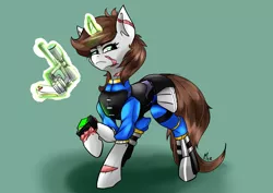 Size: 4961x3508 | Tagged: safe, artist:mekblue, derpibooru import, oc, oc:littlepip, pony, fallout equestria, armor, fallout, female, gun, handgun, image, little macintosh, magic, mare, pipbuck, png, revolver, scar, solo, stable-tec, telekinesis, weapon