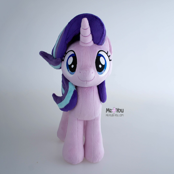 Size: 1500x1500 | Tagged: safe, artist:meplushyou, derpibooru import, starlight glimmer, pony, unicorn, cute, female, gray background, image, irl, jpeg, looking at you, mare, photo, plushie, simple background, smiling, smiling at you, solo, watermark