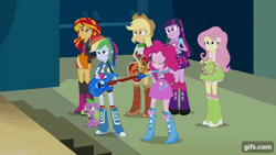 Size: 640x360 | Tagged: safe, derpibooru import, screencap, applejack, fluttershy, pinkie pie, rainbow dash, spike, sunset shimmer, twilight sparkle, dog, equestria girls, rainbow rocks, animated, applejack's hat, belt, boots, clothes, cowboy boots, cowboy hat, cutie mark, cutie mark on clothes, denim, denim skirt, electric guitar, eyes closed, female, gif, gifs.com, guitar, hairpin, hat, image, male, musical instrument, shoes, skirt, smiling, spike the dog, tambourine