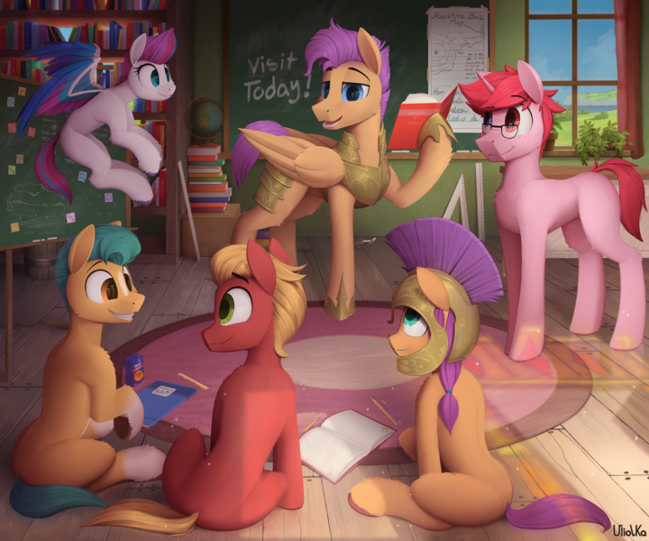 Size: 4800x4000 | Tagged: safe, artist:uliovka, derpibooru import, hitch trailblazer, sprout cloverleaf, sunny starscout, zipp storm, oc, oc:basura, oc:bulwark, earth pony, pegasus, pony, unicorn, book, bookshelf, classroom, female, g5, globe, helmet, hoof shoes, image, looking at each other, looking at someone, male, mare, pencil, png, scenery, stallion