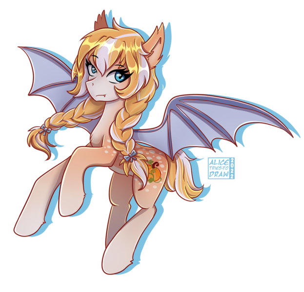 Size: 1236x1190 | Tagged: safe, artist:alicetriestodraw, derpibooru import, oc, oc:pumpkin crumble, unofficial characters only, bat pony, braid, flying, full body, image, png, pumpkin, simple background, solo, spots, transparent background, twin braids