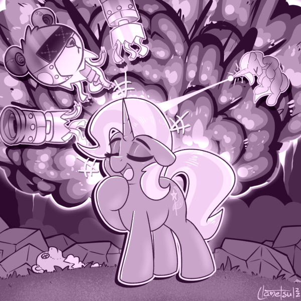 Size: 1200x1200 | Tagged: safe, artist:llametsul, derpibooru import, trixie, bear, pony, robot, unicorn, atg 2022, cute, cutie mark, diatrixes, explosion, eyes closed, eyeshadow, female, fight, grayscale, horn, image, magic, makeup, mare, monochrome, newbie artist training grounds, open mouth, open smile, plushie, png, smiling, solo, tail, talking