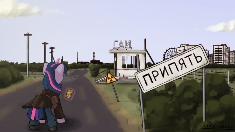 Size: 3840x2160 | Tagged: safe, artist:d3f4ult_4rt1st, derpibooru import, twilight sparkle, pony, abandoned, bag, chernobyl, clothes, ferris wheel, image, magic, measuring instrument, png, post-apocalyptic, pripyat, s.t.a.l.k.e.r., saddle bag, sign, solo