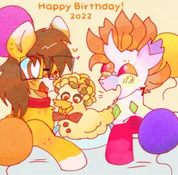 Size: 1280x1261 | Tagged: safe, artist:bug-roux, derpibooru import, oc, unofficial characters only, bird, changeling, duck, earth pony, pony, balloon, glasses, happy birthday, heart, image, jpeg, one eye closed, open mouth, open smile, simple background, smiling