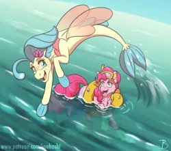 Size: 1024x904 | Tagged: safe, artist:inuhoshi-to-darkpen, derpibooru import, pinkie pie, princess skystar, earth pony, sea pony, my little pony: the movie, chest fluff, fins, flippers, happy, image, jpeg, looking at each other, looking at someone, ocean, open mouth, snorkel, surprised, swimming, water, water wings