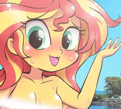Size: 894x800 | Tagged: suggestive, artist:k-nattoh, derpibooru import, sunset shimmer, equestria girls, breasts, busty sunset shimmer, censored, female, image, jpeg, looking at you, open mouth, open smile, real life background, smiling, smiling at you, solo, solo female, sweat