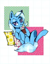 Size: 1470x1885 | Tagged: safe, artist:stacy_165cut, derpibooru import, trixie, pony, unicorn, coffee, cup, drink, female, hoof hold, horn, image, jpeg, looking at you, lying down, mare, on back, partial background, pillow, simple background, solo, steam, underhoof, white background