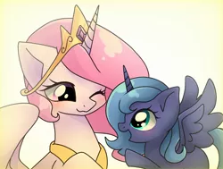 Size: 2006x1515 | Tagged: safe, artist:namaenonaipony, derpibooru import, princess celestia, princess luna, alicorn, pony, bust, cute, duo, duo female, female, filly, foal, horn, image, jewelry, jpeg, looking at each other, looking at someone, mare, one eye closed, open mouth, open smile, pink-mane celestia, profile, raised hoof, regalia, simple background, smiling, spread wings, white background, wings, woona, younger