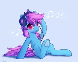 Size: 2500x2000 | Tagged: safe, artist:shelti, derpibooru import, oc, oc:nohra, unofficial characters only, earth pony, pony, blushing, earth pony oc, eyebrows, female, headphones, image, jpeg, listening to music, looking at you, mare, music notes, simple background, smiling, solo