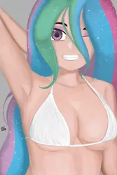 Size: 2000x3000 | Tagged: suggestive, artist:sunlightgryphon, derpibooru import, princess celestia, human, arm behind head, armpits, bikini, clothes, hair over one eye, humanized, image, looking at you, png, simple background, smiling, smiling at you, swimsuit