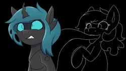 Size: 2048x1152 | Tagged: safe, artist:askhypnoswirl, derpibooru import, oc, unofficial characters only, changeling, ghost, ghost pony, pony, undead, bipedal, black background, darkness, duo, eye clipping through hair, fangs, female, gritted teeth, image, male, mare, open mouth, png, raised hoof, raised hooves, shrunken pupils, simple background, solo, soul vore, stallion, teeth, tongue out, vore