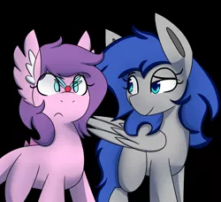 Size: 2048x1871 | Tagged: safe, artist:askhypnoswirl, derpibooru import, oc, unofficial characters only, original species, parasprite, pegasus, pony, black background, colored pupils, duo, ear fluff, female, folded wings, frown, image, mare, no pupils, png, raised eyebrow, simple background, smiling, wings