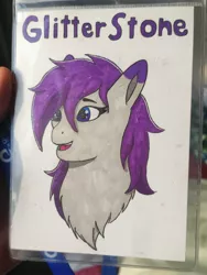 Size: 2250x3000 | Tagged: safe, artist:autumnsfur, artist:autumnsfurart, derpibooru import, oc, oc:glitter stone, unofficial characters only, pony, badge, blue eyes, burst, bust, con badge, convention, female, gray coat, happy, image, jpeg, mare, name, popping, portrait, purple hair, simple background, solo, solo female, traditional art, uk ponycon
