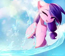 Size: 1600x1389 | Tagged: safe, artist:shavurrr, derpibooru import, oc, oc:crystal dust, unofficial characters only, pegasus, pony, cloud, complex background, female, image, mare, png, smiling, solo, solo female, splash, splashing, summer, two toned mane, water