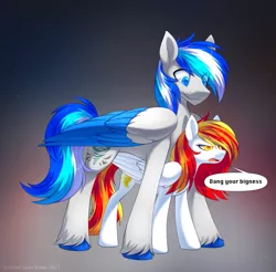 Size: 973x959 | Tagged: safe, artist:scarlet-spectrum, oc, oc:diamond sun, oc:hawker hurricane, unofficial characters only, pegasus, pony, colored wings, female, image, male, mare, png, size difference, speech bubble, stallion, wings