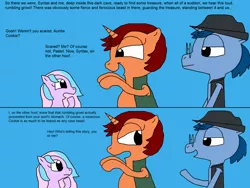 Size: 2000x1500 | Tagged: safe, artist:blazewing, derpibooru import, oc, oc:pastel macaroon, oc:syntax, oc:tough cookie, unofficial characters only, earth pony, pony, unicorn, 2 panel comic, atg 2022, aunt and niece, blue background, chubby, clothes, colored background, comic, fat, fedora, female, filly, foal, glasses, hat, image, jacket, male, mare, newbie artist training grounds, png, raised hoof, raised hooves, simple background, stallion, text, vest