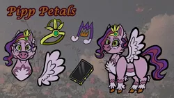 Size: 1920x1080 | Tagged: safe, artist:deidad_dissitum, derpibooru import, pipp petals, pegasus, pony, my little pony: a new generation, character design, coat markings, cutie mark, feather, g5, image, jewelry, phone, png, redesign, reference sheet, solo, spread wings, unshorn fetlocks, wings