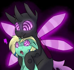 Size: 2048x1947 | Tagged: safe, artist:askhypnoswirl, derpibooru import, oc, unofficial characters only, changeling, pony, unicorn, black background, drool, duo, floating heart, floppy ears, glow, glowing wings, heart, hug, hypno eyes, hypnosis, hypnotized, image, kaa eyes, open mouth, png, purple changeling, simple background, smiling, wings
