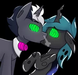 Size: 2048x1974 | Tagged: safe, artist:askhypnoswirl, derpibooru import, oc, oc:hypno swirl, unofficial characters only, changeling, pony, unicorn, black background, bowtie, drool, floppy ears, forced kiss, huff, hypno eyes, hypnosis, hypnotized, image, kaa eyes, leaning forward, looking into each others eyes, onomatopoeia, png, raised hoof, shiny, simple background, solo
