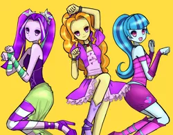 Size: 5000x3913 | Tagged: safe, artist:melonche, derpibooru import, adagio dazzle, aria blaze, sonata dusk, equestria girls, bracelet, clothes, cute, female, gem, headband, image, jewelry, looking at you, necklace, open mouth, open smile, png, simple background, siren gem, skirt, smiling, smiling at you, spiked headband, spiked wristband, the dazzlings, trio, trio female, wristband, yellow background