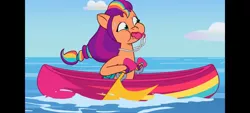 Size: 2400x1080 | Tagged: safe, derpibooru import, sunny starscout, earth pony, pony, my little pony: tell your tale, spoiler:g5, spoiler:my little pony: tell your tale, spoiler:tyts01e18, bag, blowing whistle, boat, canoe, female, g5, image, jpeg, mare, on your cutie marks, puffy cheeks, referee, referee sunny starscout, saddle bag, solo, sunny's referee whistle, whistle, whistle necklace