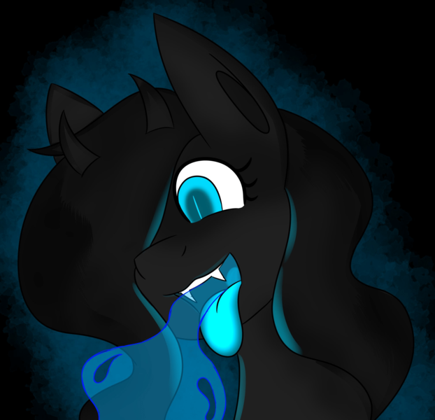 Size: 2048x1976 | Tagged: safe, artist:askhypnoswirl, derpibooru import, oc, unofficial characters only, demon, demon pony, original species, pony, black background, blue eyes, colored tongue, female, hair over one eye, horns, image, mare, open mouth, png, simple background, solo, soul vore, vore