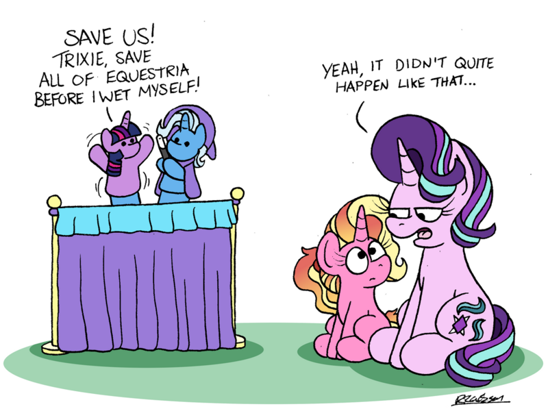 Size: 1024x768 | Tagged: safe, artist:bobthedalek, derpibooru import, luster dawn, starlight glimmer, trixie, twilight sparkle, pony, unicorn, atg 2022, female, filly, foal, image, magic wand, mare, mother and child, mother and daughter, newbie artist training grounds, offspring, older, older starlight glimmer, parent:starlight glimmer, parent:sunburst, parents:starburst, png, puppet, unamused